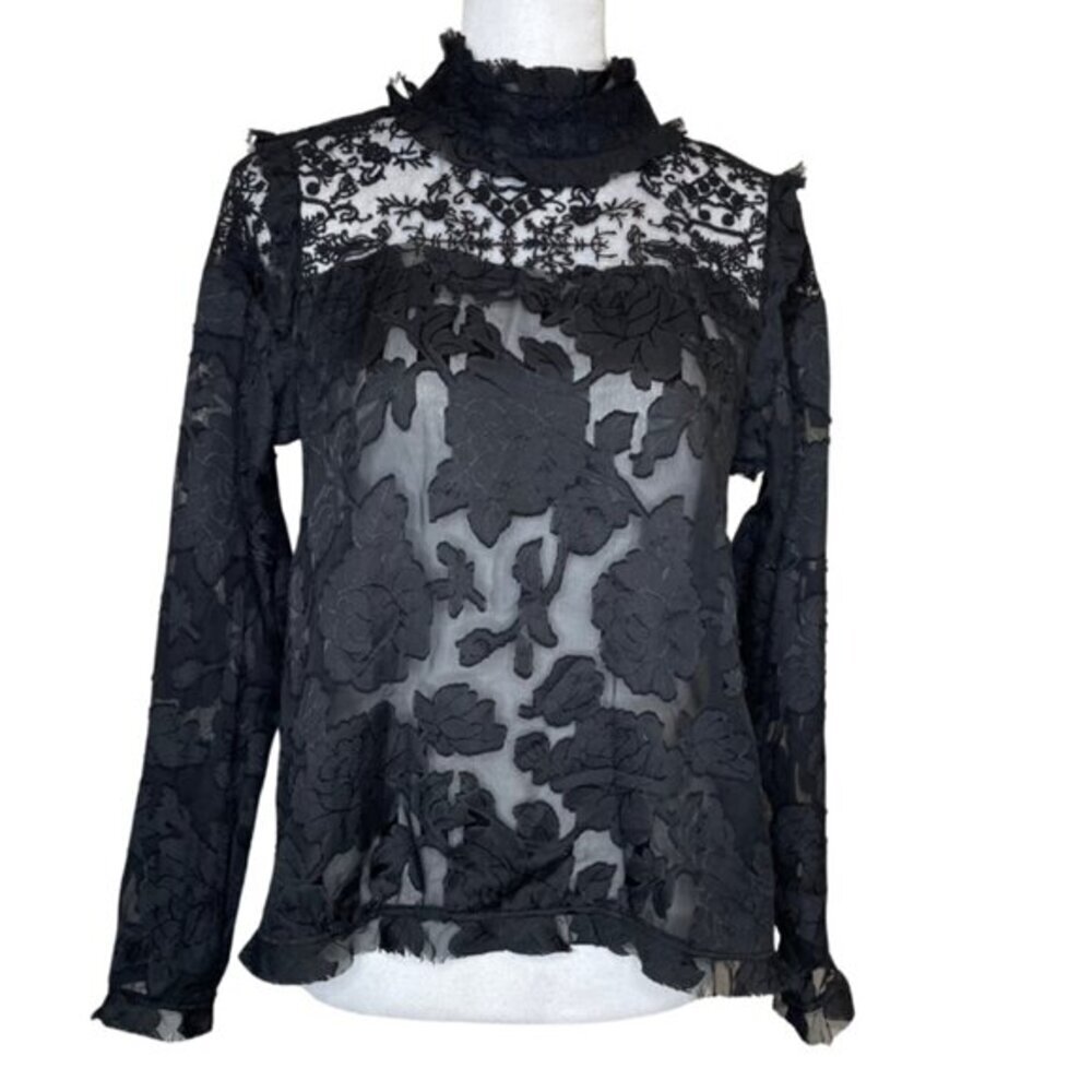 Rhapsodielle Women's Floral Lace Ruffled Mock Neck Coquette Whimsigoth Sz Med